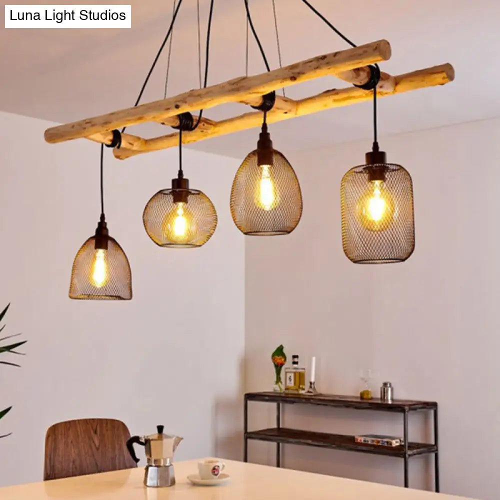 Rustic Wood Iron Mesh Suspension Lighting - 4-Bulb Dining Room Island Light