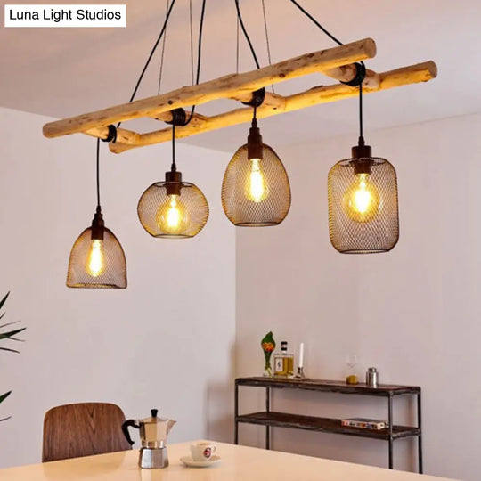 Rustic Wood Iron Mesh Suspension Lighting - 4-Bulb Dining Room Island Light