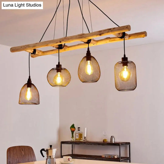 Rustic Wood Iron Mesh Suspension Lighting - 4-Bulb Dining Room Island Light