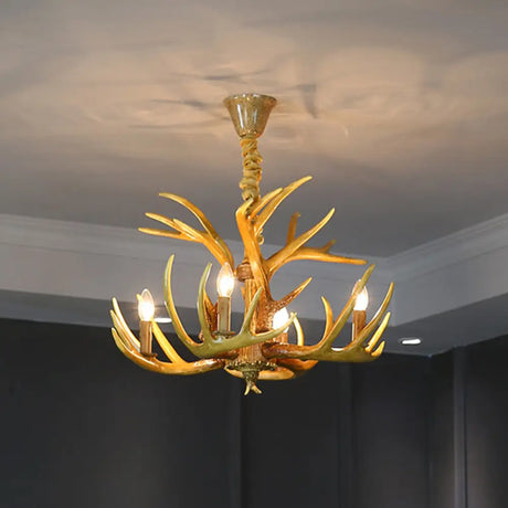 Rustic Wood-Like Resin Deer Horn Chandelier - American Restaurant Pendant Light Fixture 4 / Brown