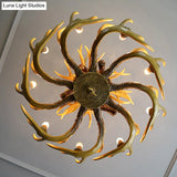 Rustic Wood-Like Resin Deer Horn Chandelier - American Restaurant Pendant Light Fixture