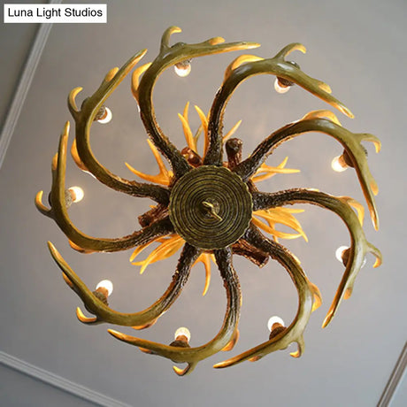 Rustic Wood-Like Resin Deer Horn Chandelier - American Restaurant Pendant Light Fixture