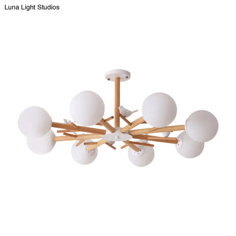Rustic Wood Pendant Light With White Globe Shade And Bird Detail - Ideal For Dining Room