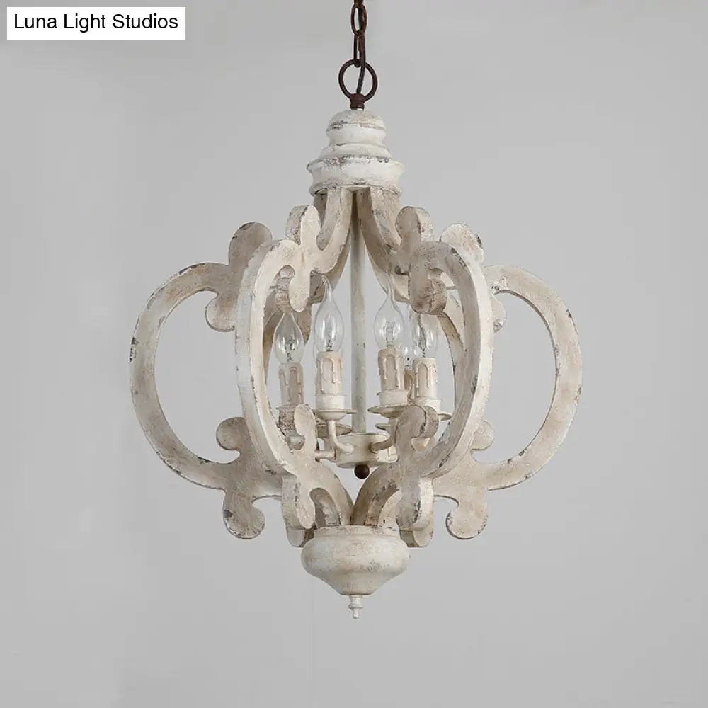 Rustic Wood Quatrefoil Cage Chandelier With 6 Distressed White Lights - Bedroom Hanging Lighting
