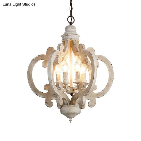 Rustic Wood Quatrefoil Cage Chandelier With 6 Distressed White Lights - Bedroom Hanging Lighting
