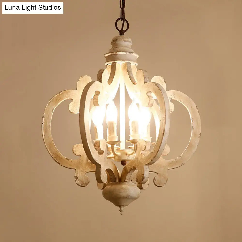 Rustic Wood Quatrefoil Cage Chandelier With 6 Distressed White Lights - Bedroom Hanging Lighting