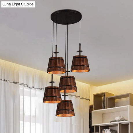Rustic Wooden Bucket Pendant Light - Café Lodge 4-Light Country Style Brown