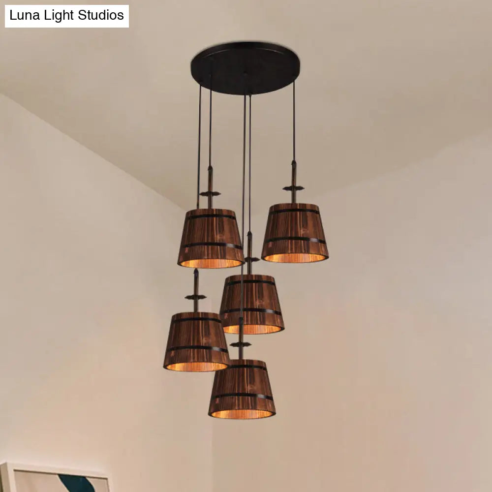 Country Style 4-Light Wooden Bucket Pendant Light - Brown