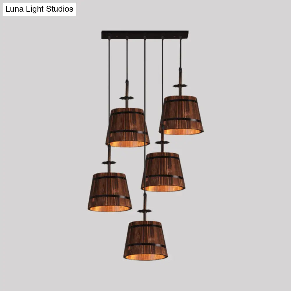 Rustic Wooden Bucket Pendant Light - Café Lodge 4-Light Country Style Brown