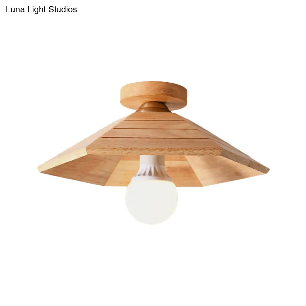Rustic Wooden Flush Mount Ceiling Light: Ridged Saucer Design Beige Shade For Kitchen