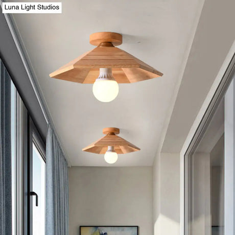 Rustic Wooden Flush Mount Ceiling Light: Ridged Saucer Design Beige Shade For Kitchen