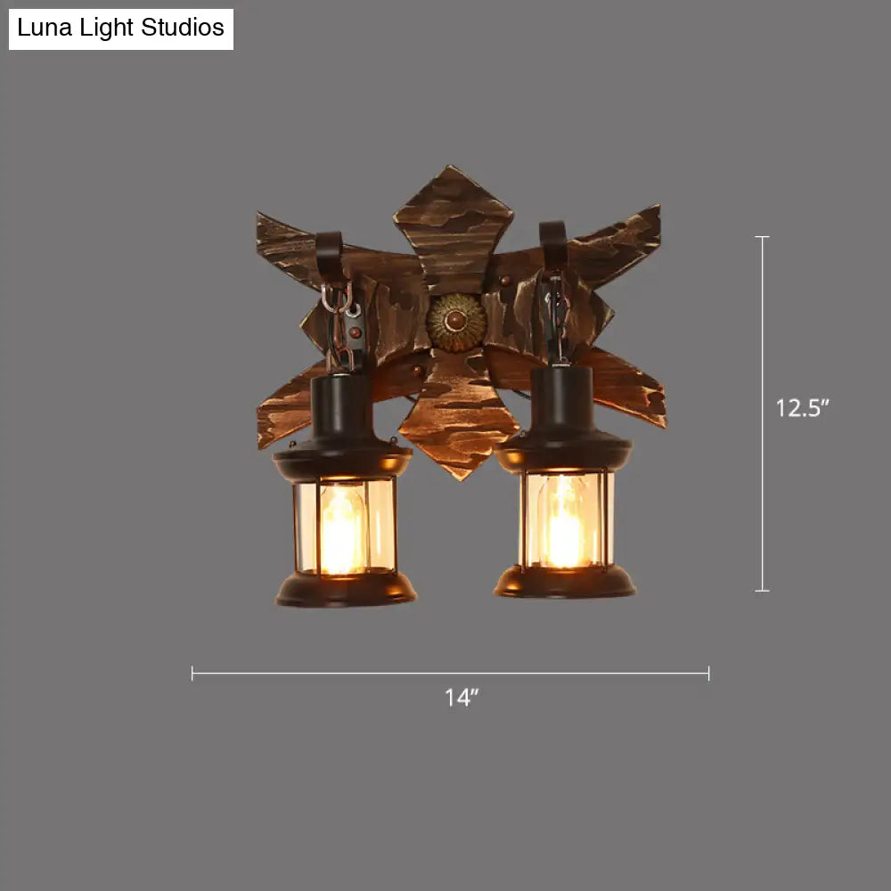 Rustic Wooden Geometric Wall Sconce - Brown 1-Light Mounted Light For Restaurants