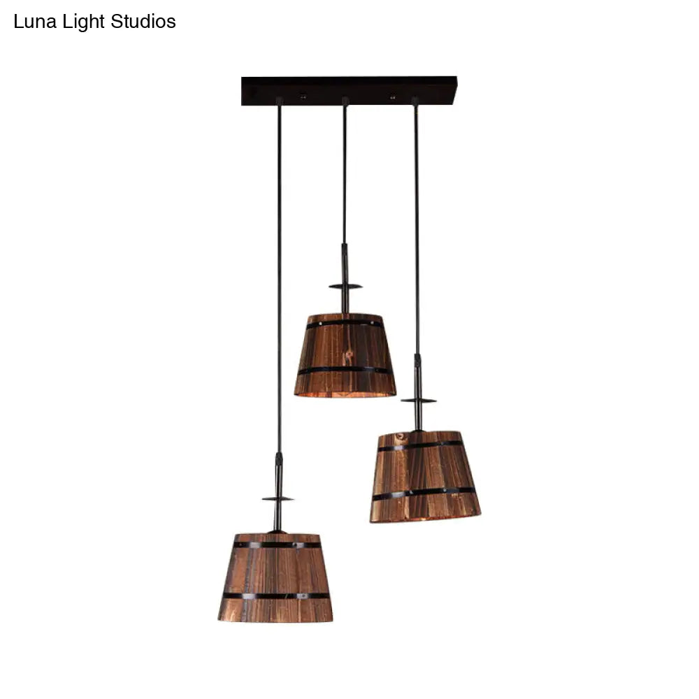 Rustic Wooden 3-Bulb Pendant Light In Brown - Villa Hanging Lamp