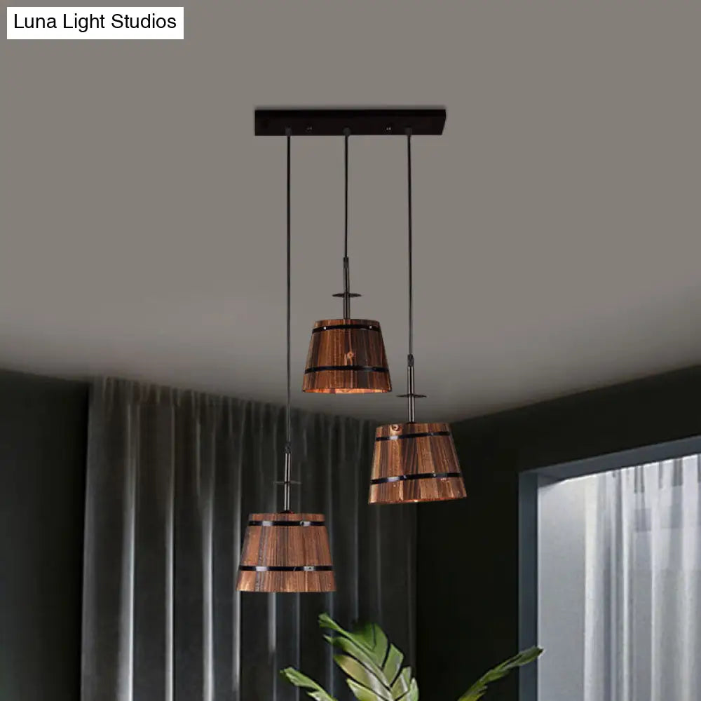 Rustic Wooden 3-Bulb Pendant Light In Brown - Villa Hanging Lamp