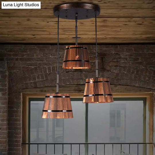 Rustic Wooden 3-Bulb Pendant Light In Brown - Villa Hanging Lamp Black / Round