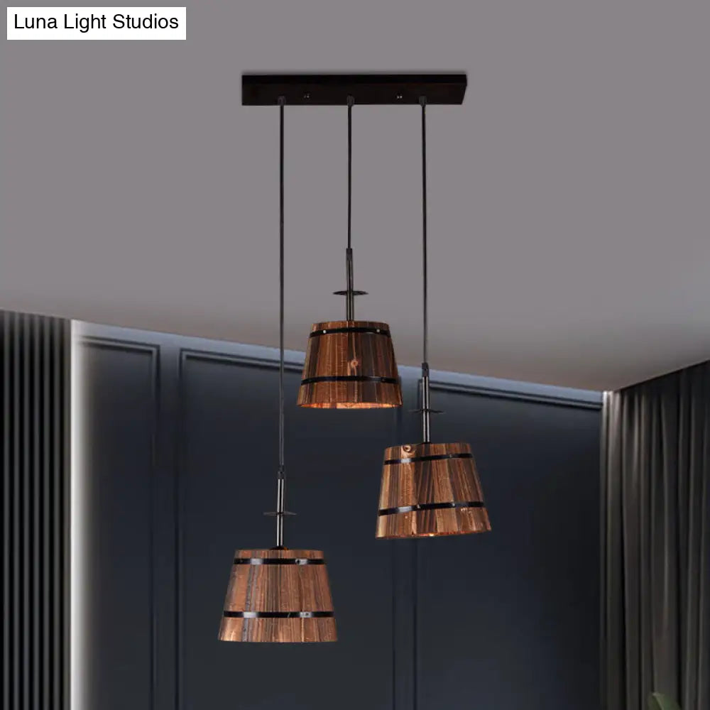 Rustic Wooden 3-Bulb Pendant Light In Brown - Villa Hanging Lamp