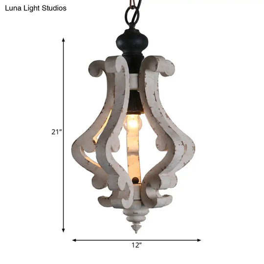 Rustic Wooden Lantern Pendant Ceiling Light - Distressed White Hanging Kit 1-Light Design