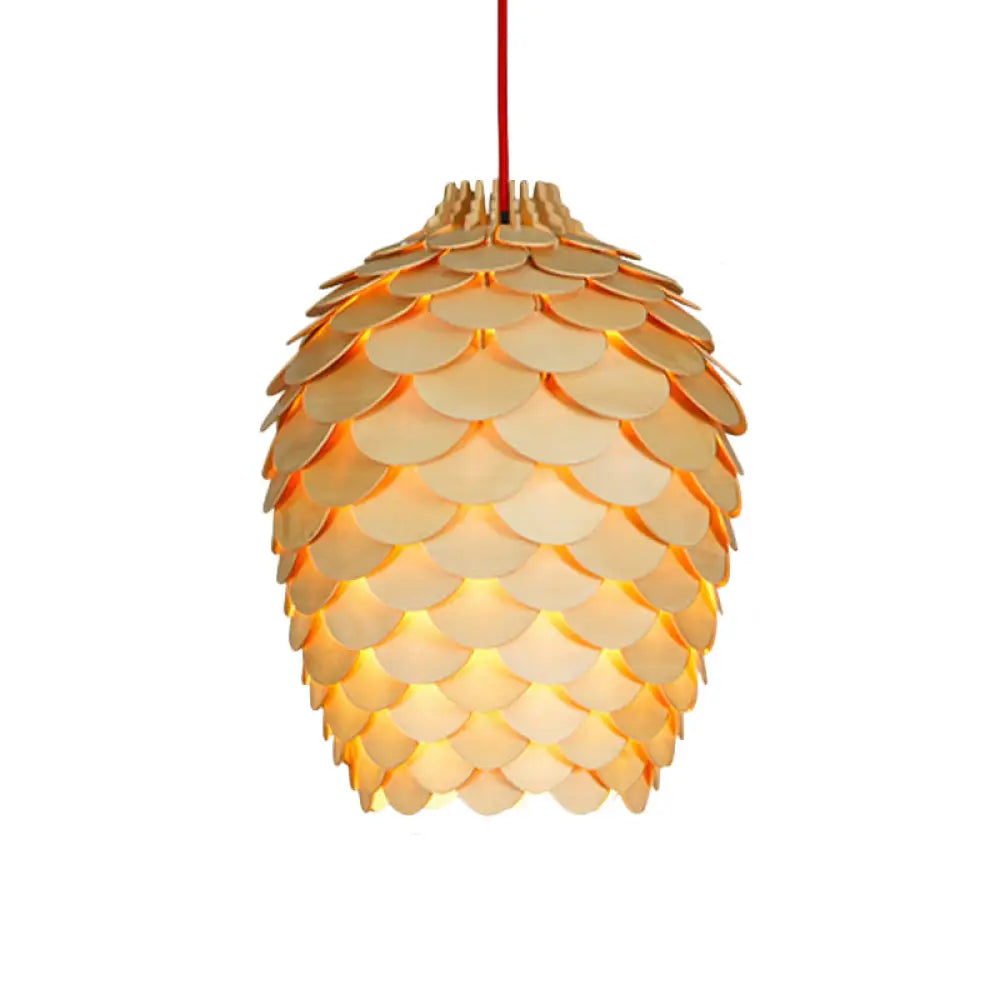 Rustic Pine Cone Hanging Light - Wooden Countryside Design 12/15 Width Beige Ideal For Dining Room