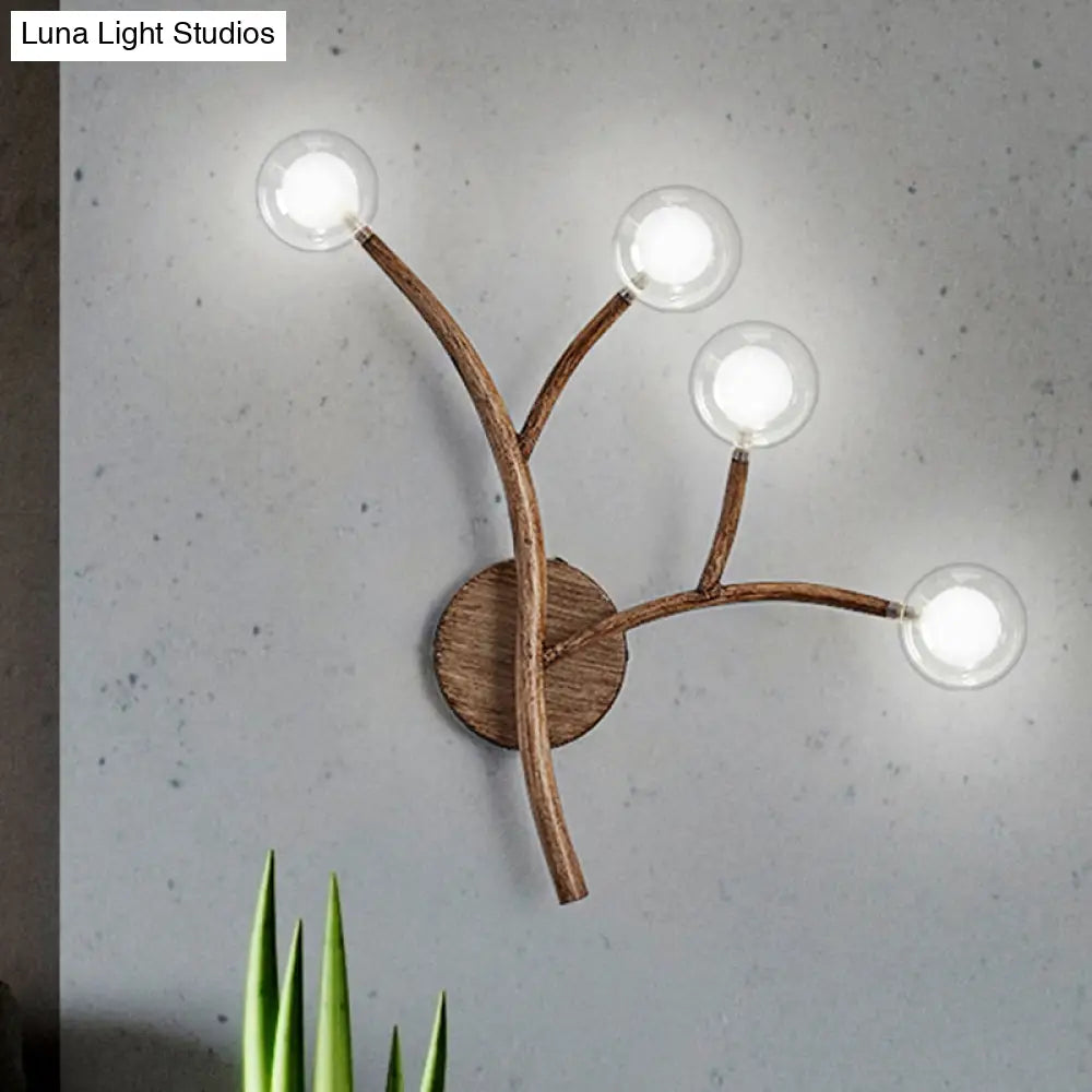 Rustic Wooden Wall Sconce Lighting With Clear Glass Shade - Farmhouse Style