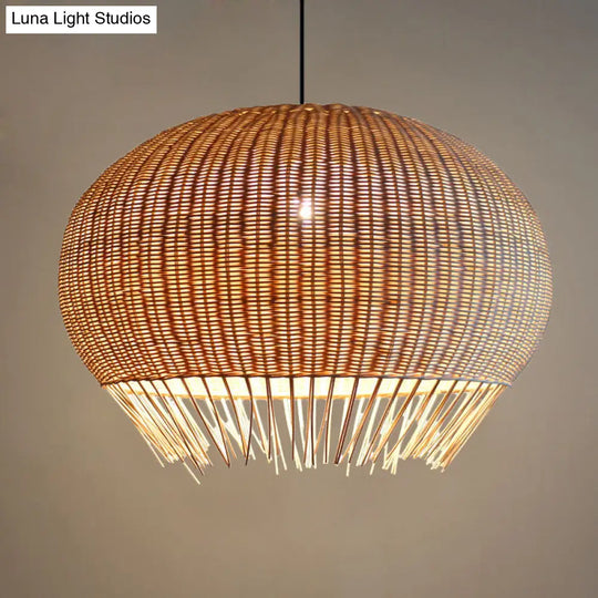 Rustic Woven Rattan Hanging Pendant Lamp For Restaurants - Wood Finish