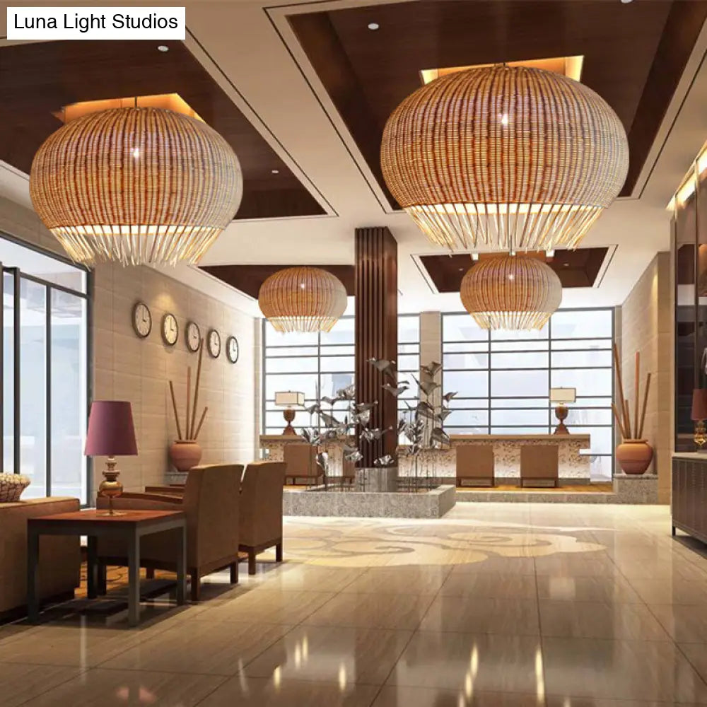 Rustic Woven Rattan Hanging Pendant Lamp For Restaurants - Wood Finish