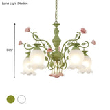 Sandblasted Glass Chandelier - 5 Bulbs Traditional White/Green Floral Design Bedroom Pendant