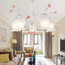 Sandblasted Glass Chandelier - 5 Bulbs Traditional White/Green Floral Design Bedroom Pendant