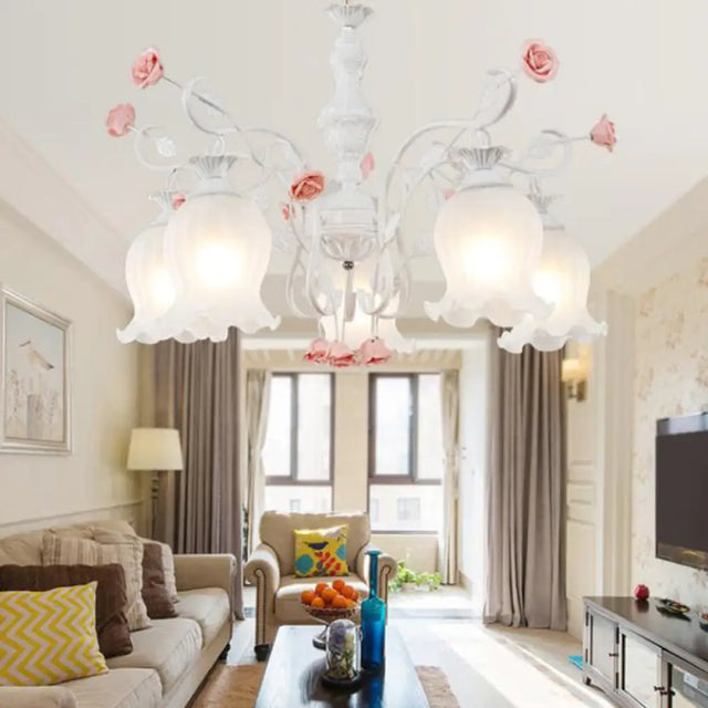 Sandblasted Glass Chandelier - 5 Bulbs Traditional White/Green Floral Design Bedroom Pendant