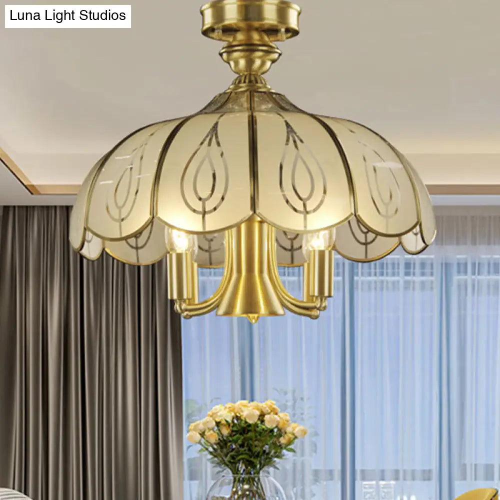 Satin Opal Glass Semi Flush Mount Lamp In Brass - Colonial Scalloped Hanging Lighting- 5 Bulbs-