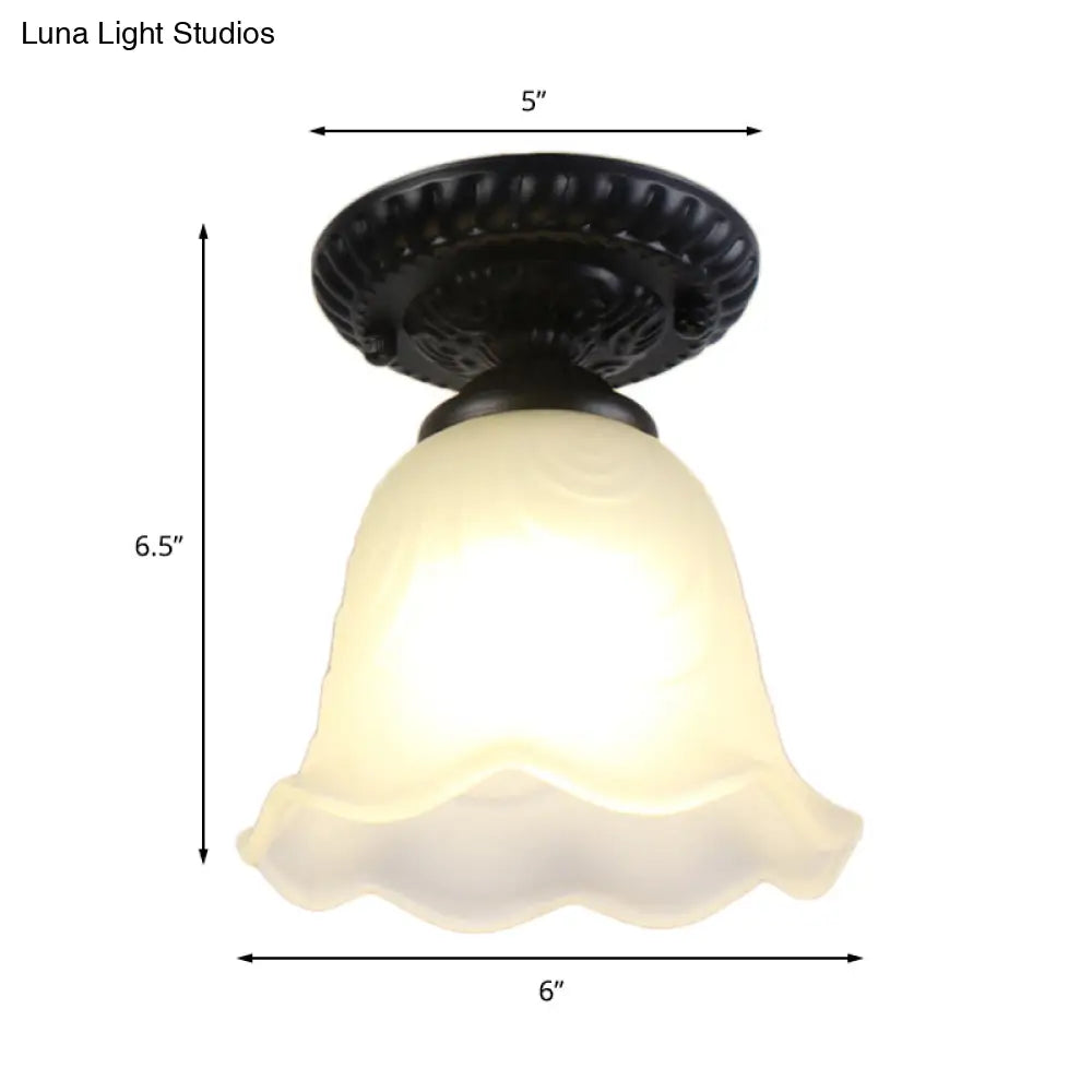 Scalloped Frosted Glass Semi Mount Rustic Ceiling Light Fixture - 1 Bulb Black