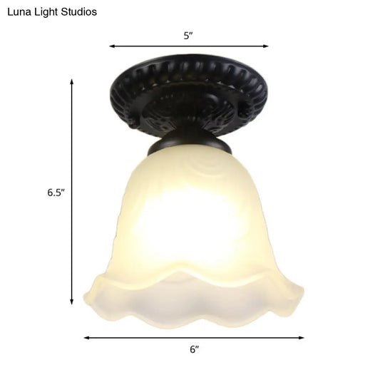 Scalloped Frosted Glass Semi Mount Rustic Ceiling Light Fixture - 1 Bulb Black