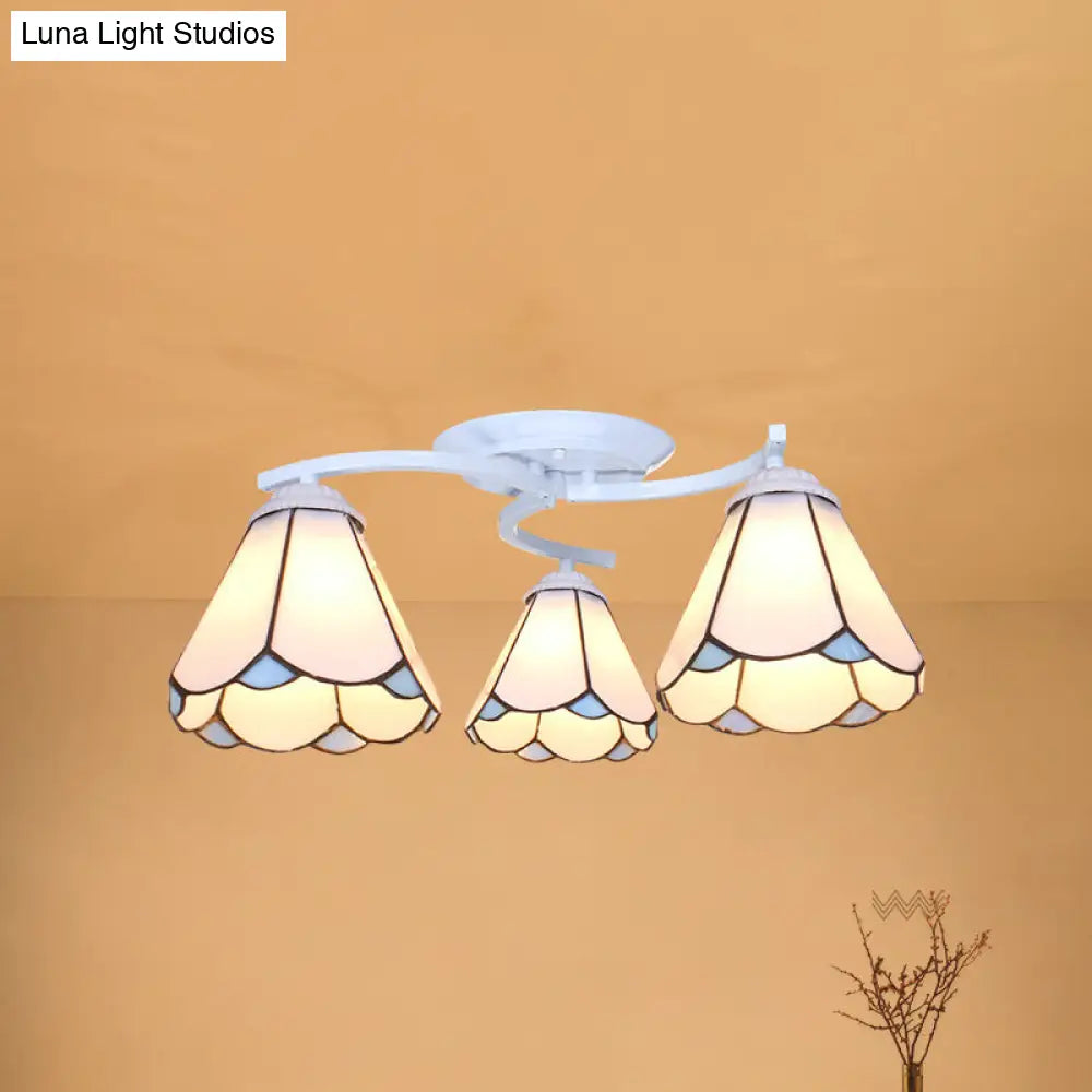 Mediterranean Glass Semi Flush Mount Light With Scalloped Edge Close To Ceiling Fixture 3 / White