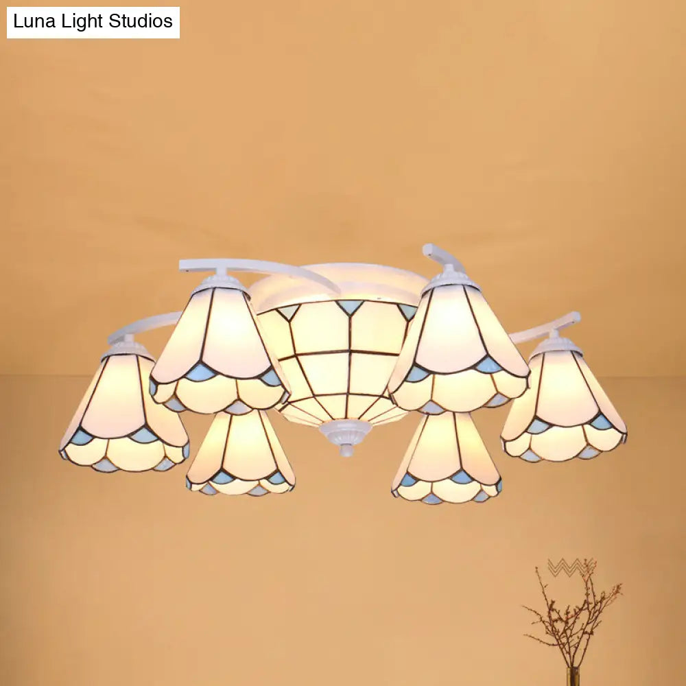 Mediterranean Glass Semi Flush Mount Light With Scalloped Edge Close To Ceiling Fixture 9 / White