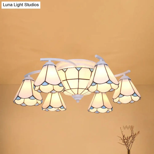 Mediterranean Glass Semi Flush Mount Light With Scalloped Edge Close To Ceiling Fixture 9 / White