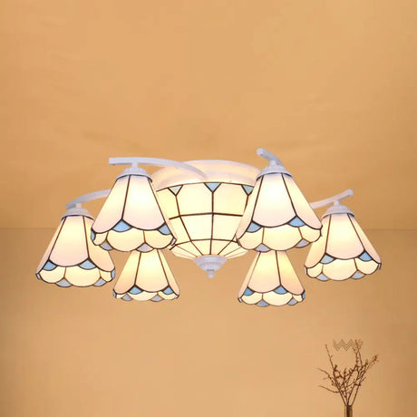 Scalloped Glass Semi Flush Mount Ceiling Light With Mediterranean Style 9 / White