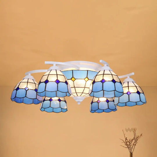 Scalloped Glass Semi Flush Mount Ceiling Light With Mediterranean Style 9 / White Blue
