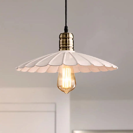 Scalloped Iron Ceiling Hanging Light - Vintage 1 Pendant Fixture Adjustable Cord 10’/12’ Wide