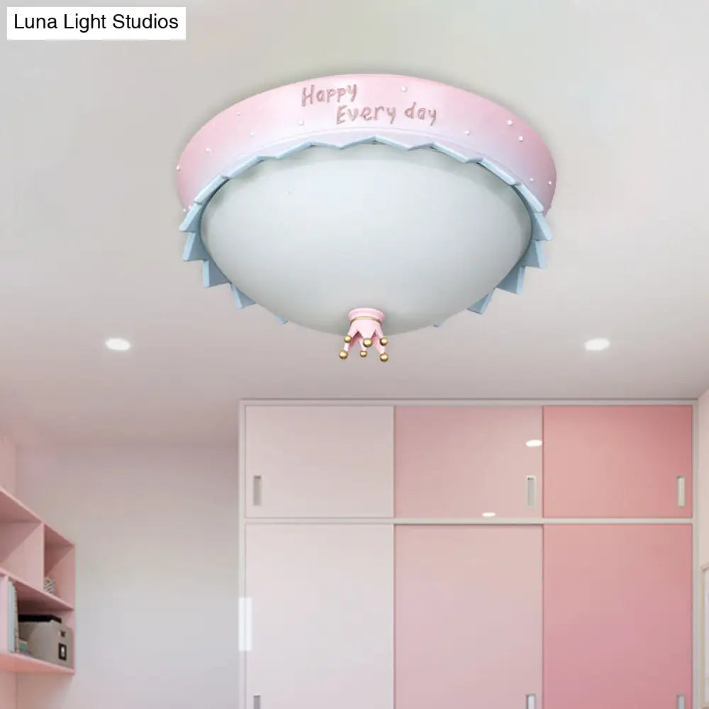Scalloped Led Flush Mount Ceiling Light Pink Dome Cartoon Resin Design With Frosted Glass Shade