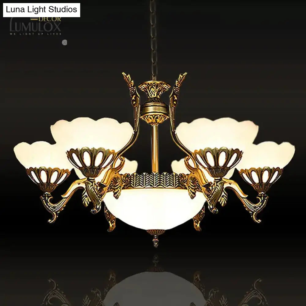 Scalloped Living Room Ceiling Pendant Traditional White Glass 9-Head Brass Finish Chandelier