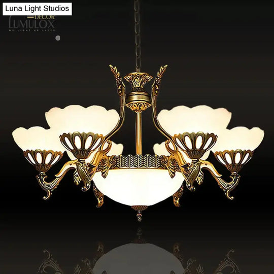 Scalloped Living Room Ceiling Pendant Traditional White Glass 9-Head Brass Finish Chandelier