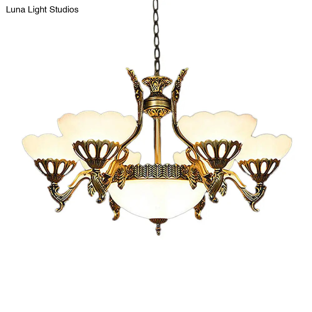 Classic Scalloped Glass Pendant Chandelier 9-Head Brass Finish For Living Room Ceiling