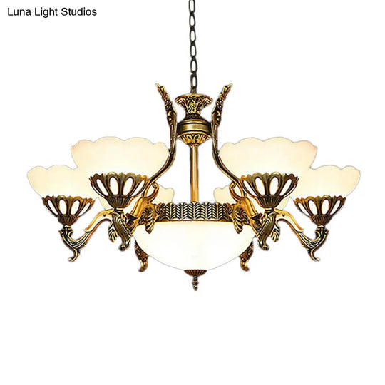 Classic Scalloped Glass Pendant Chandelier 9-Head Brass Finish For Living Room Ceiling