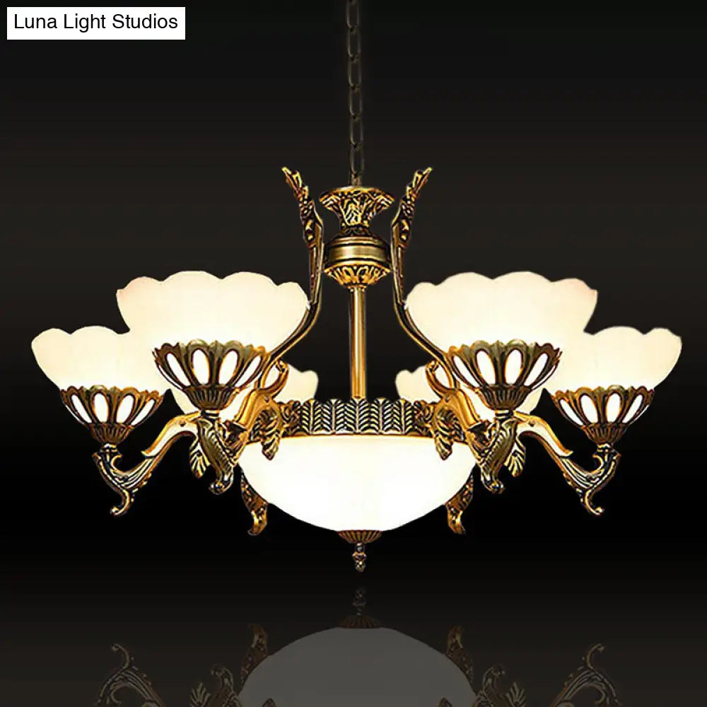 Classic Scalloped Glass Pendant Chandelier 9-Head Brass Finish For Living Room Ceiling