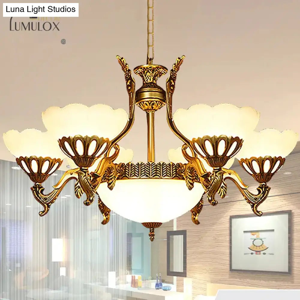 Scalloped Living Room Ceiling Pendant Traditional White Glass 9-Head Brass Finish Chandelier