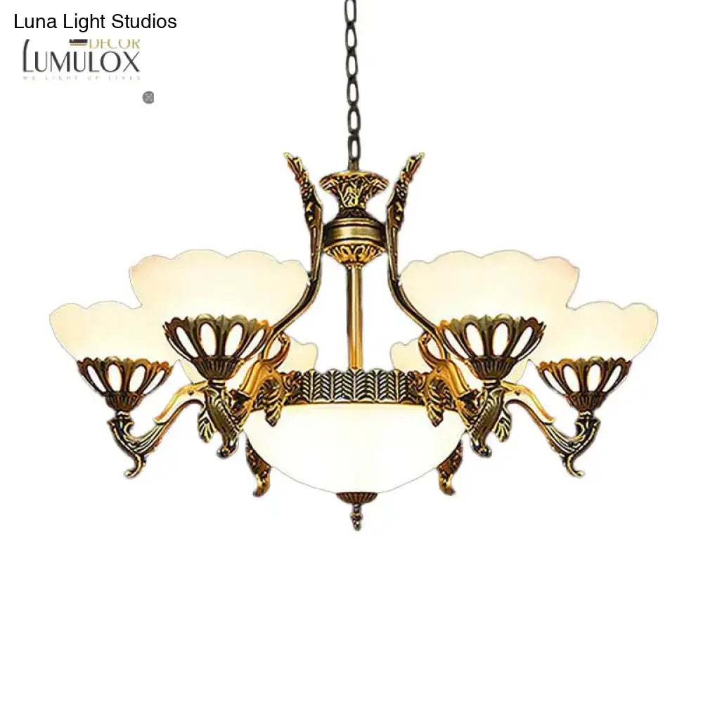 Scalloped Living Room Ceiling Pendant Traditional White Glass 9-Head Brass Finish Chandelier