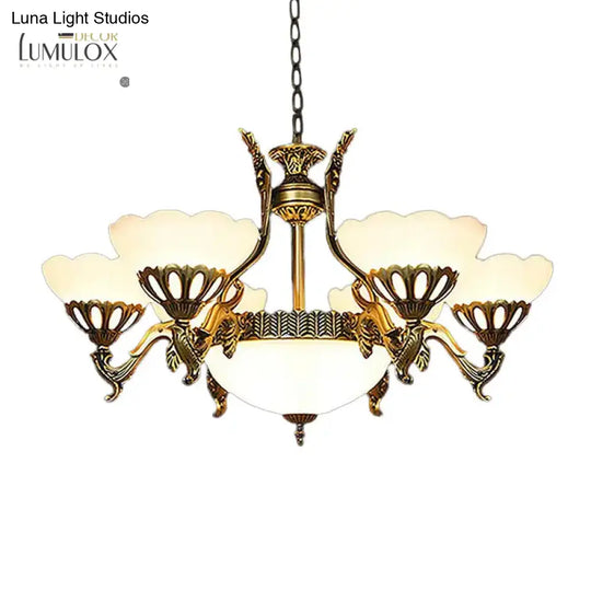 Scalloped Living Room Ceiling Pendant Traditional White Glass 9-Head Brass Finish Chandelier