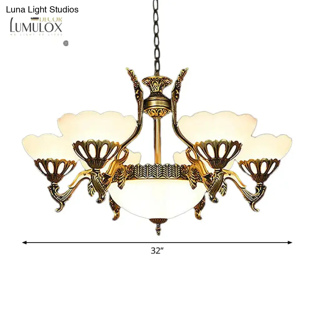Scalloped Living Room Ceiling Pendant Traditional White Glass 9-Head Brass Finish Chandelier