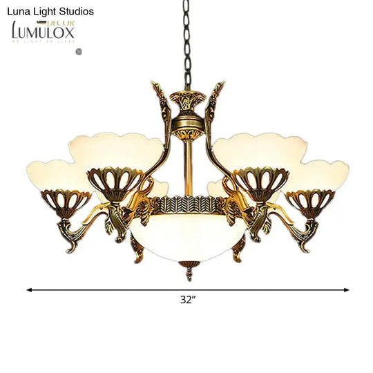 Scalloped Living Room Ceiling Pendant Traditional White Glass 9-Head Brass Finish Chandelier