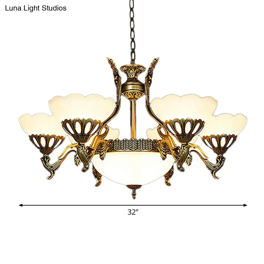 Classic Scalloped Glass Pendant Chandelier 9-Head Brass Finish For Living Room Ceiling
