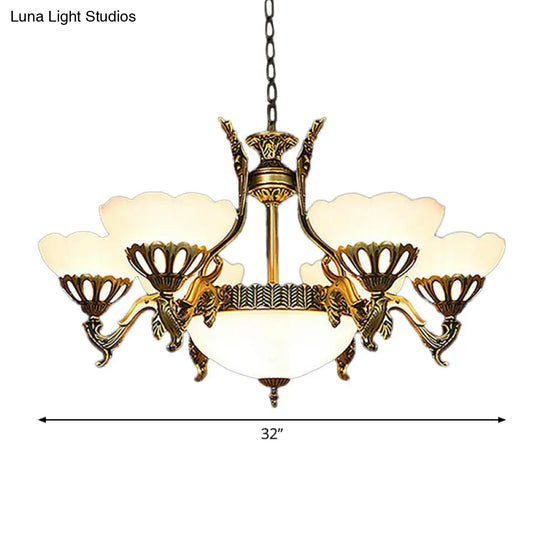 Classic Scalloped Glass Pendant Chandelier 9-Head Brass Finish For Living Room Ceiling